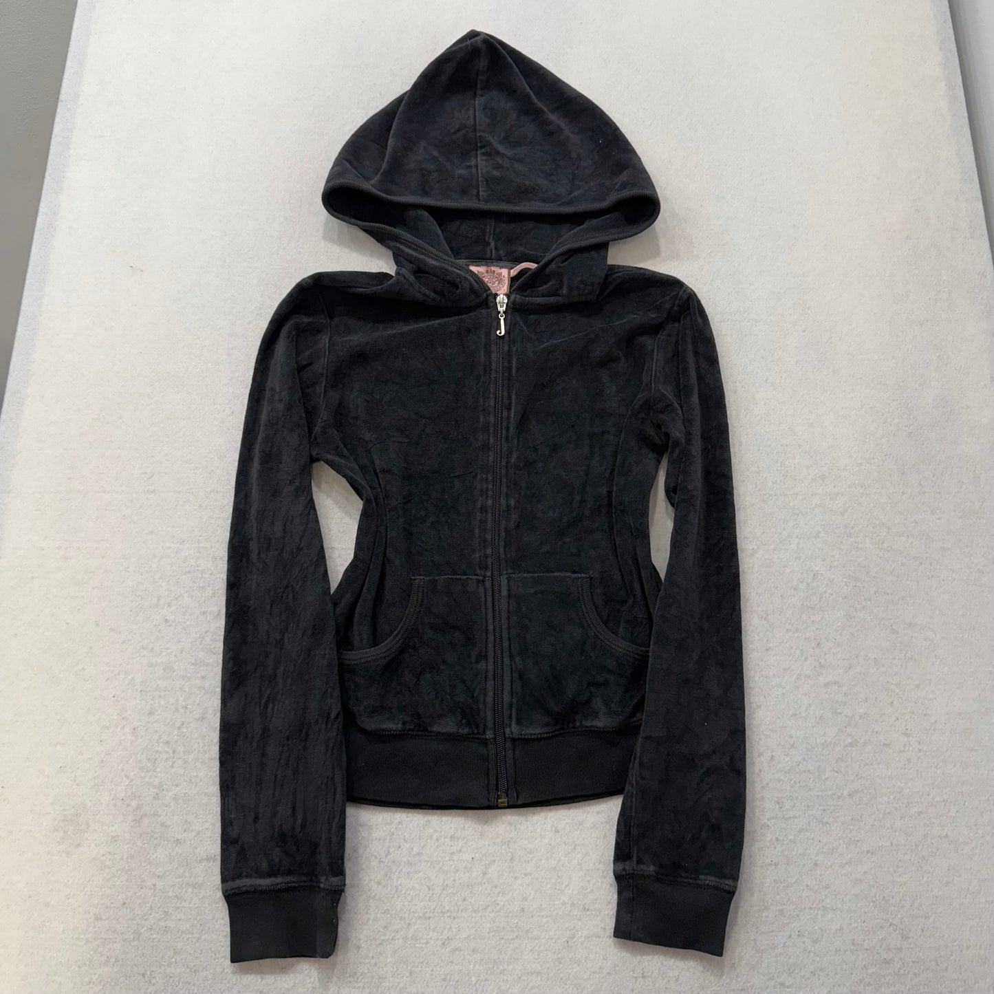 Juicy Couture Black Velour Tracksuit Set Zip Up Hoodie & Flared Pant Logo Size S