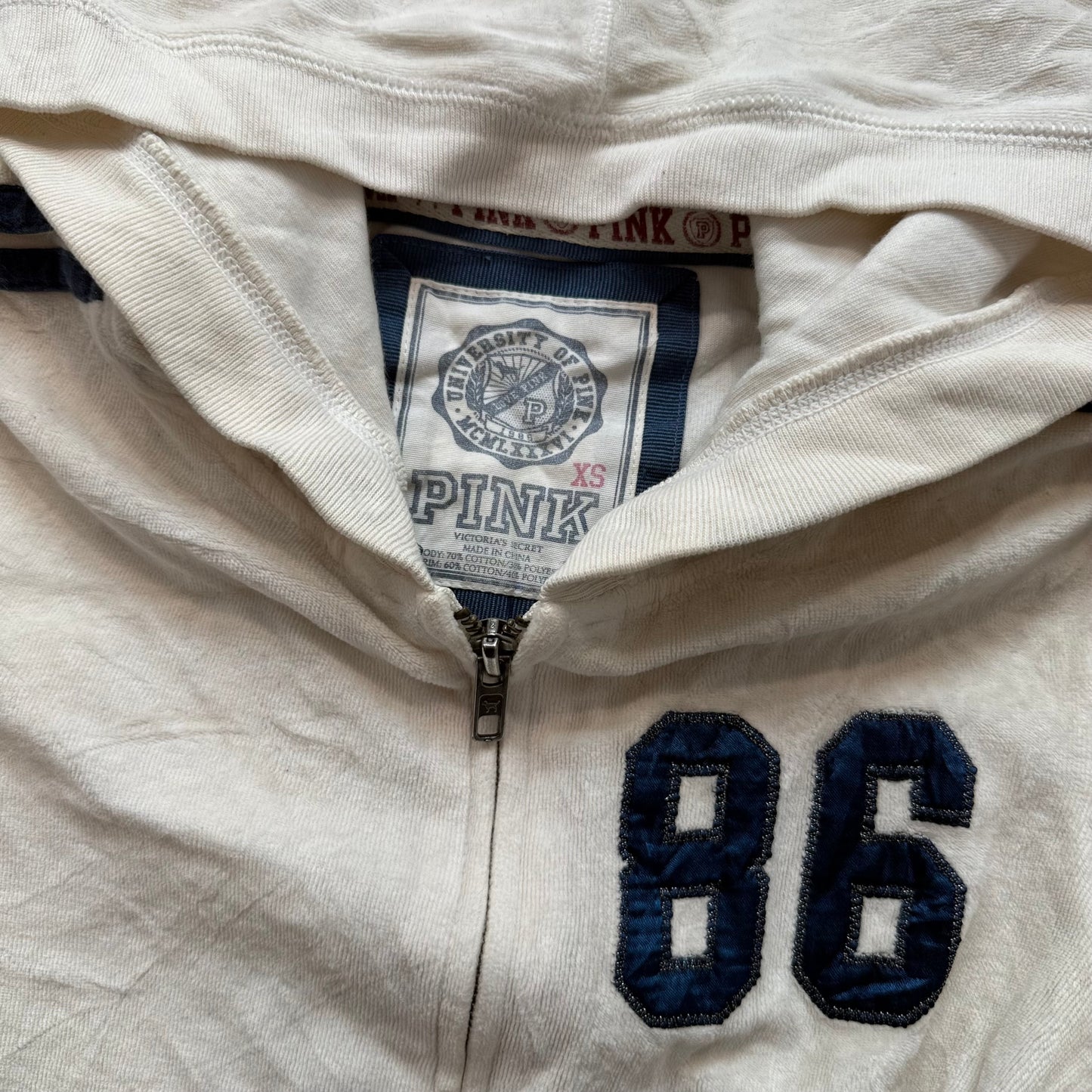 2004 Victoria's Secret PINK Cream Navy #86 Varsity Striped Sleeve Hoodie - XS