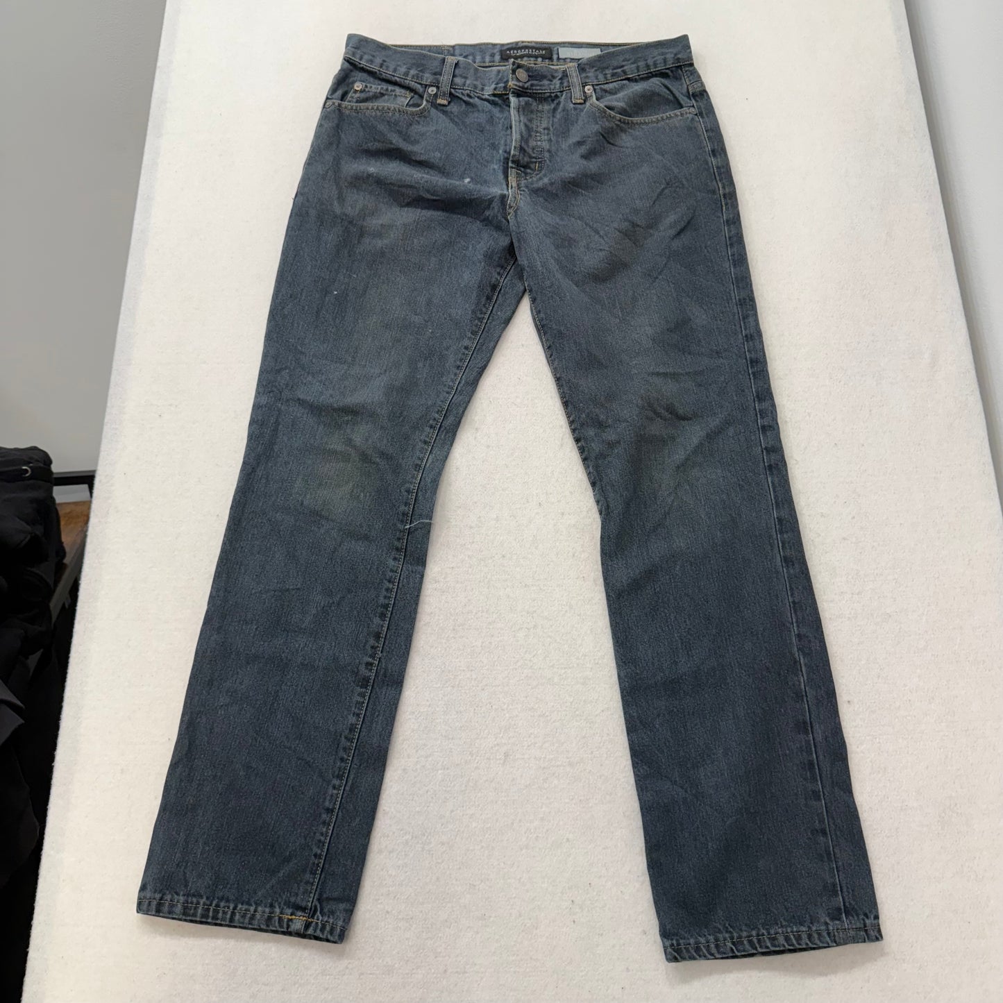 Aeropostale Men's Dark Blue Denim Slim Straight Leg Jeans Button-Fly Waist 32