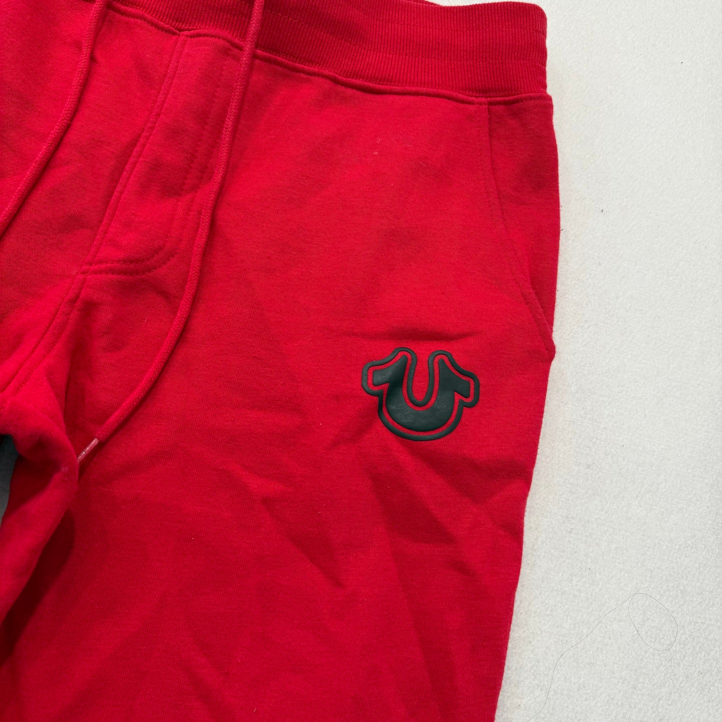 True Religion Men's Cherry Red Cotton Blend Cuffed Joggers Horseshoe Logo Size M