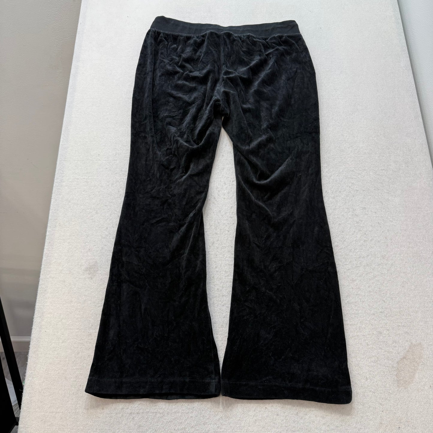 Juicy Couture Women's Black Velour Wide Leg Flare Track Pant Pockets Y2K Size XL