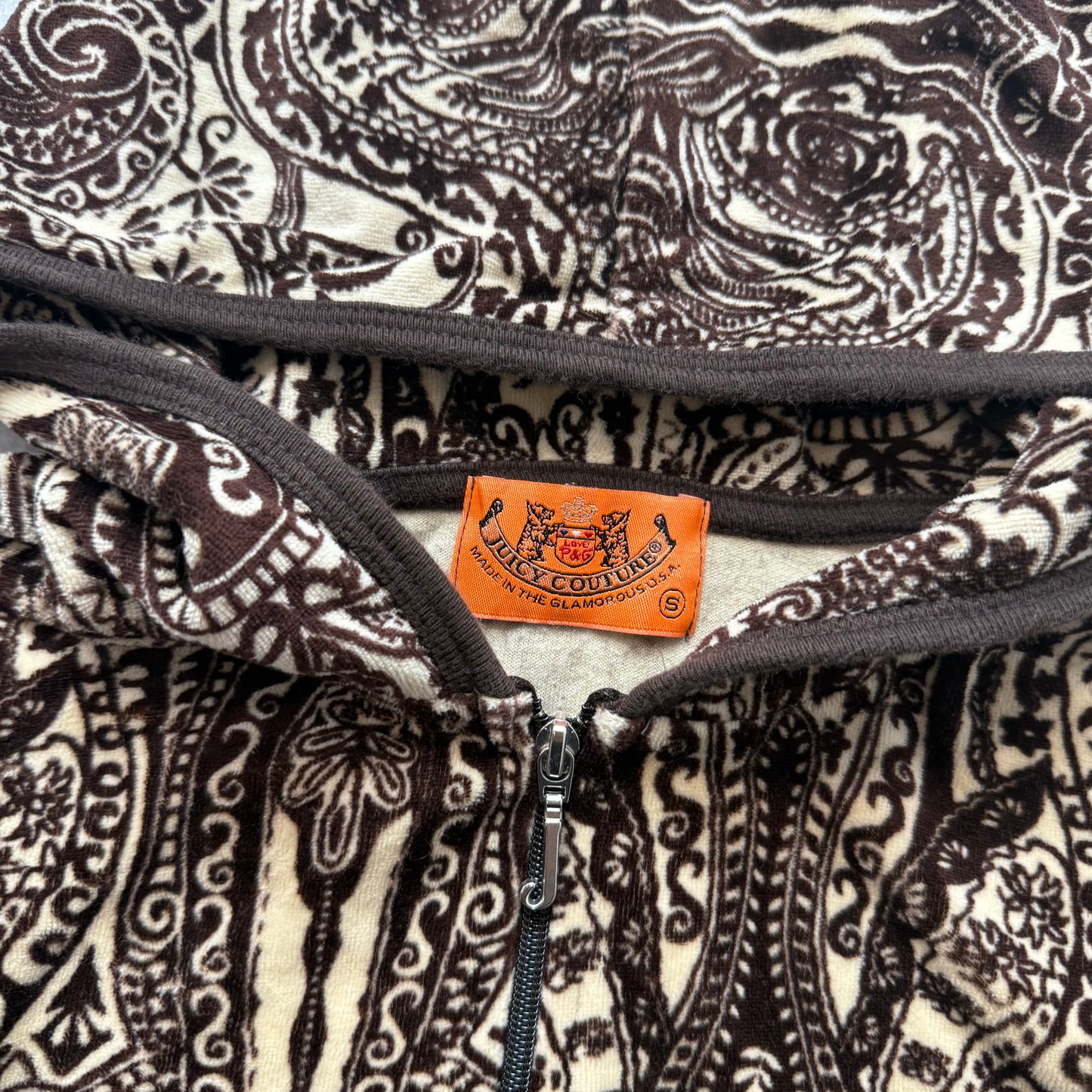 RARE 2003 Vtg Juicy Couture Brown Paisley Velour Hoodie All-Over Pattern Size S