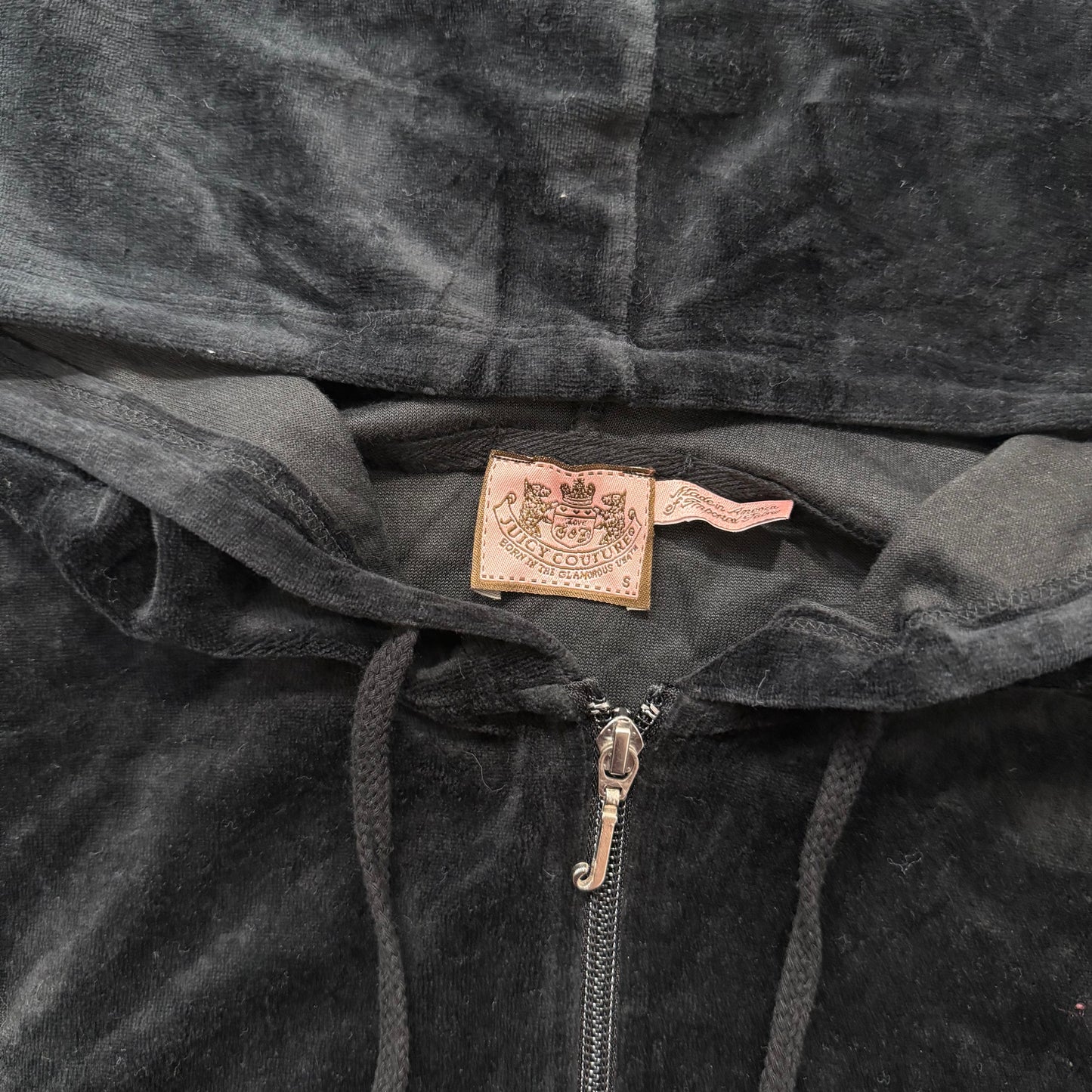 Vintage Juicy Couture Women Black Velour Zip-Up Hoodie Drawstring Pockets Size S