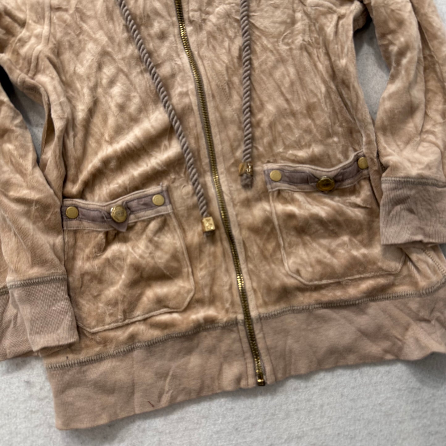 Juicy Couture Women's Camel Full Zip Hoodie Patch Pockets Rope Drawstring Size M