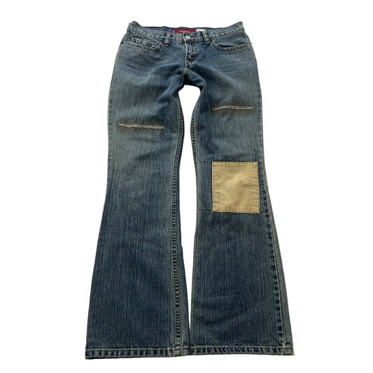 Levi's 518 Superlow Women's Blue Denim Bootcut Jeans Patched Distressed Size M