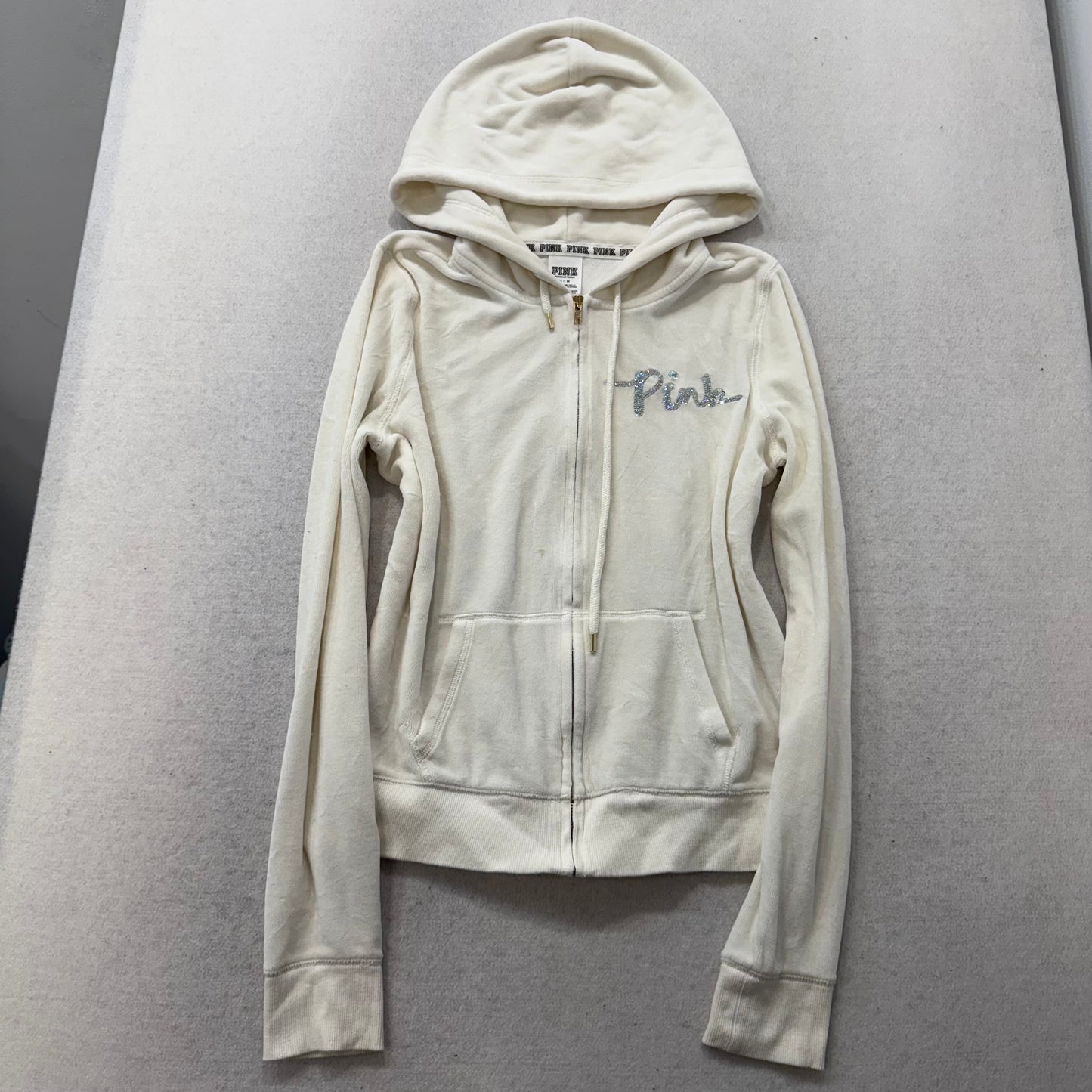 PINK Victoria's Secret Women's Ivory Full Zip Hoodie Sequins Graphic Size M