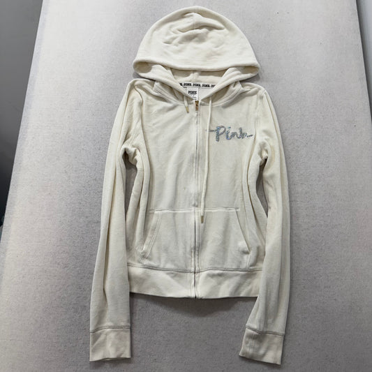 PINK Victoria's Secret Women's Ivory Full Zip Hoodie Sequins Graphic Size M