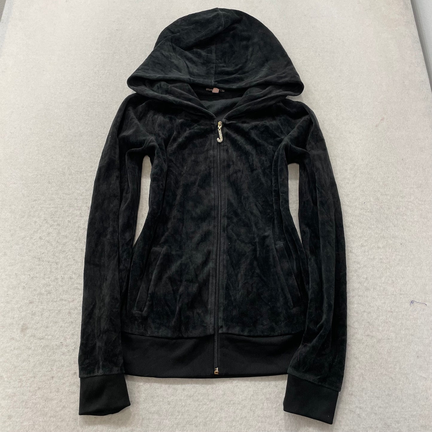 Juicy Couture Womens Black Velour Zip-Up Hoodie Pink Glitter Graphic Logo Size S