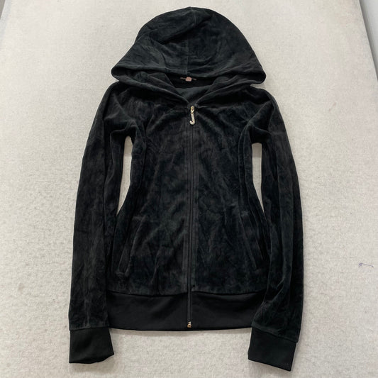 Juicy Couture Womens Black Velour Zip-Up Hoodie Pink Glitter Graphic Logo Size S