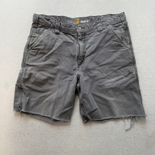 Carhartt Men's Charcoal Gray Canvas Carpenter Shorts Frayed Hem Workwear Size 36
