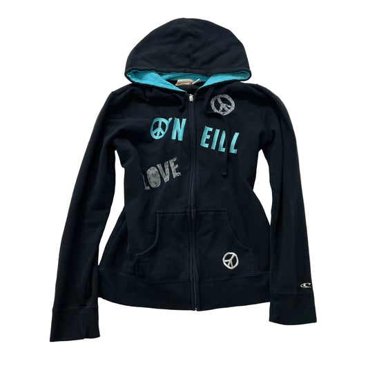 O'Neill Women's Black Cotton Full Zip Hoodie Split Kangaroo Pockets Logo Size XL