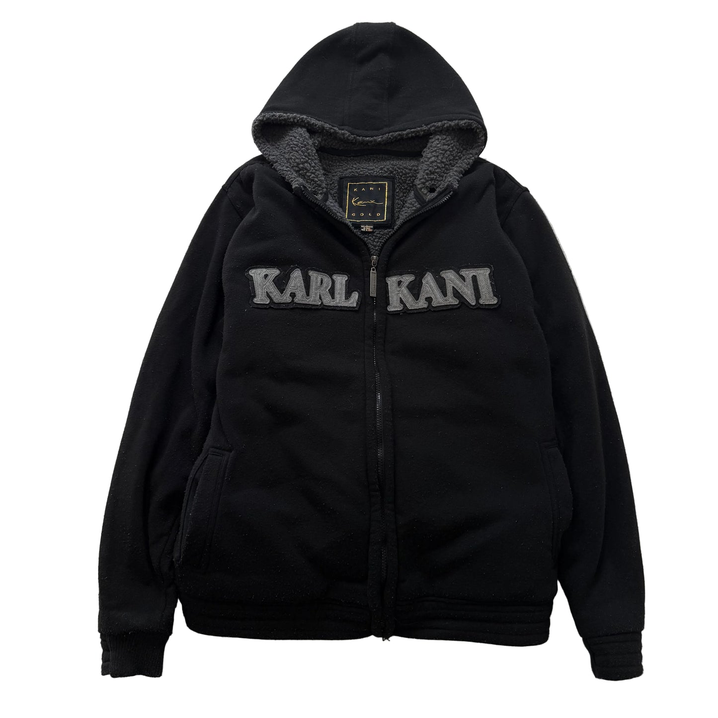Karl Kani Gold Men's Black 100% Polyester Zip-Up Hoodie Sherpa-Lined Y2k Size L