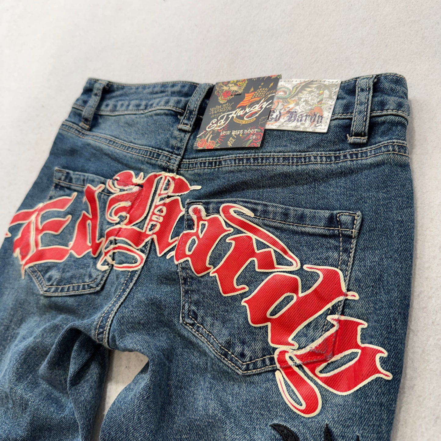 Ed Hardy Embroidered Dragon Women's Blue Flare Denim Jeans Tattoo Print Size 24