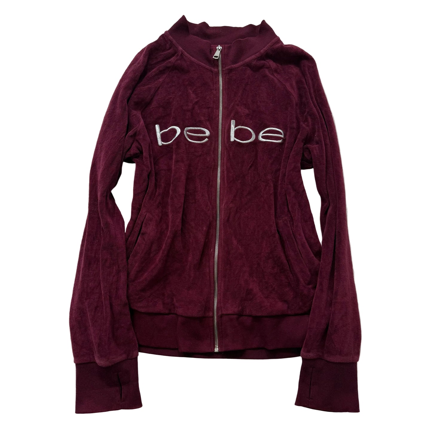 Bebe Sport Women's Burgundy Velour Zip-Up Track Jacket Embroidered Logo Size XL