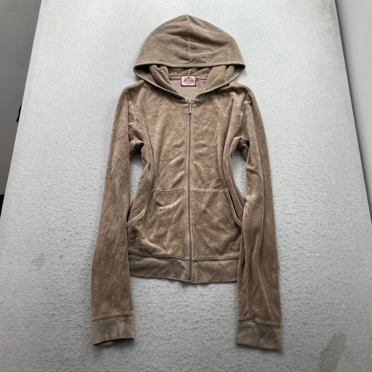 Juicy Couture Scottie Dogs Women's Tan Velour Zip-Up Hoodie Rhinestones Size XL