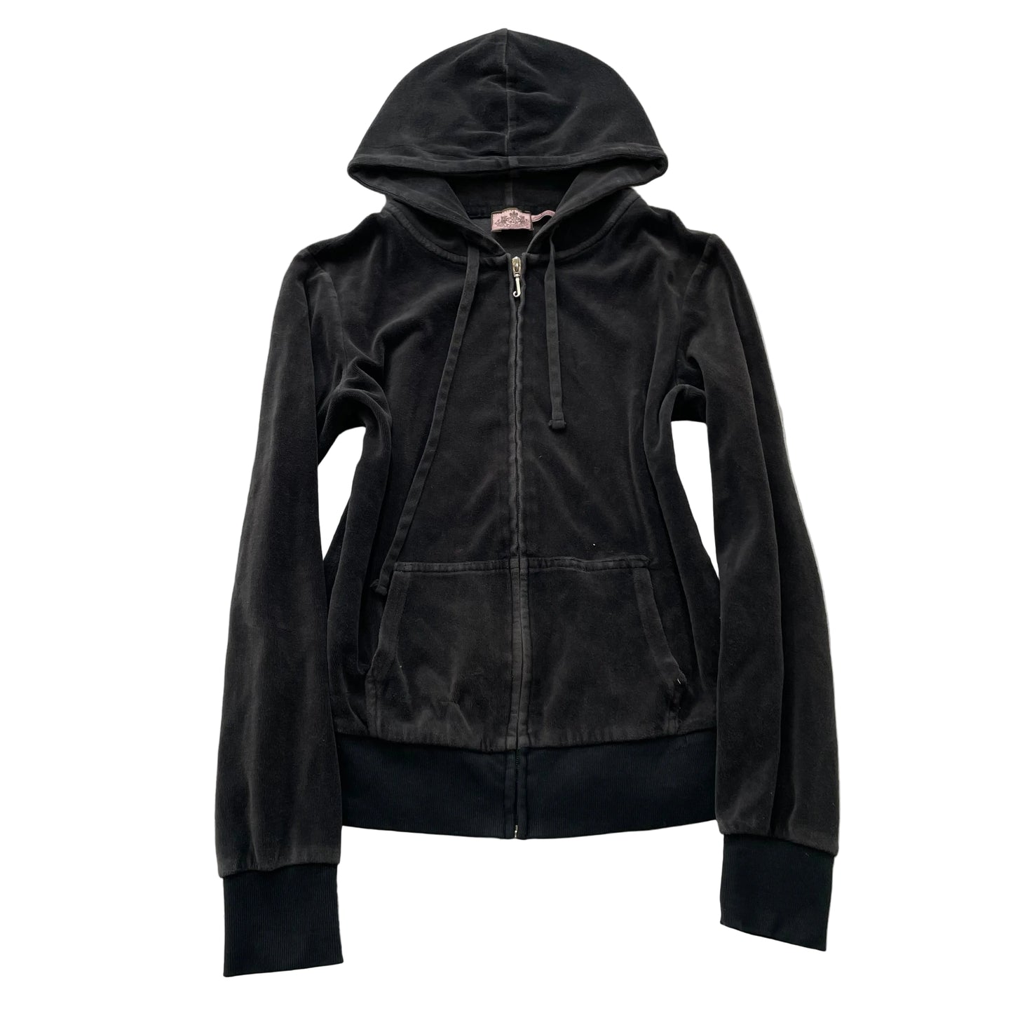 Juicy Couture Women's Black Velour Zip-Up Hoodie Pockets Drawstring Y2K Size M