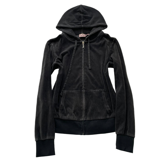 Juicy Couture Women's Black Velour Zip-Up Hoodie Pockets Drawstring Y2K Size M