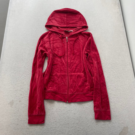 Vintage Juicy Couture Women's Red Velour Tracksuit Set Hoodie & Pant Size L