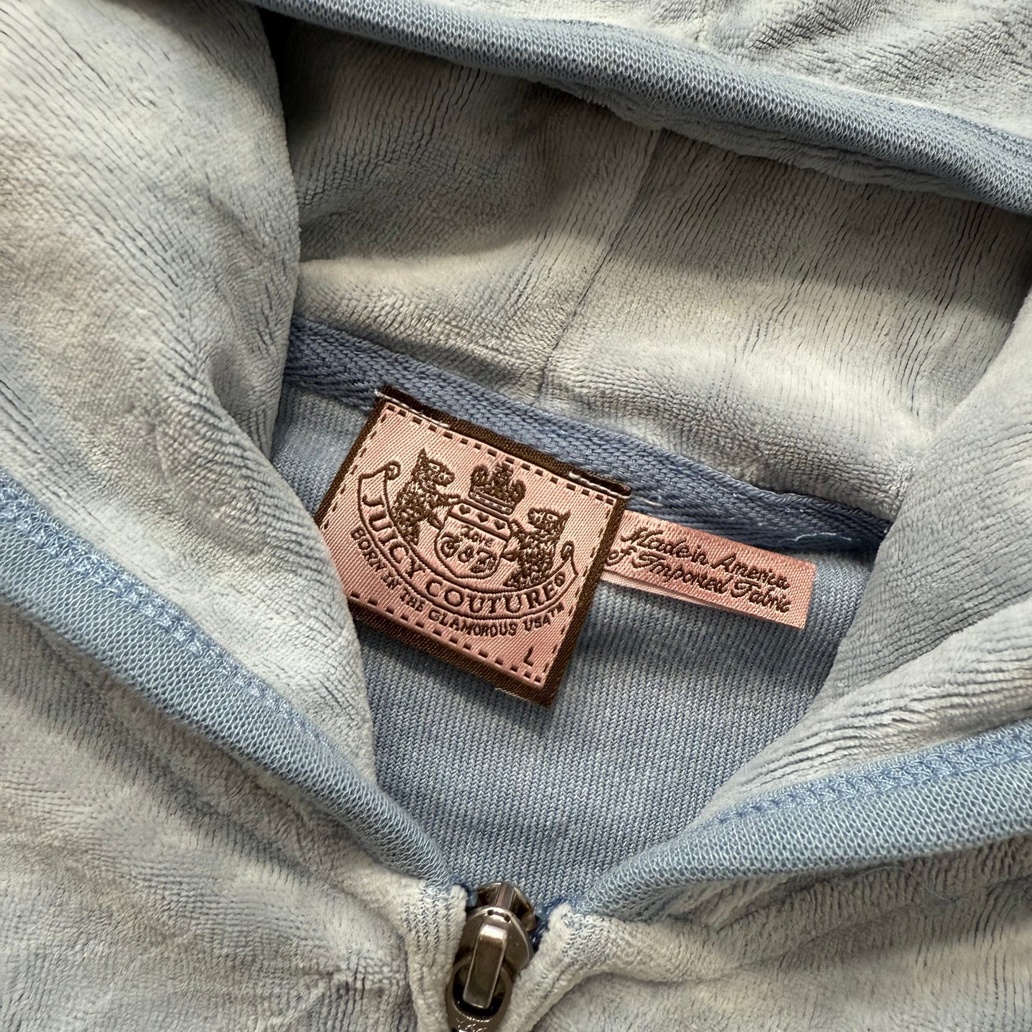 Vintage Juicy Couture Women's Dusty Blue Velour Zip Up Hoodie Pockets Size L