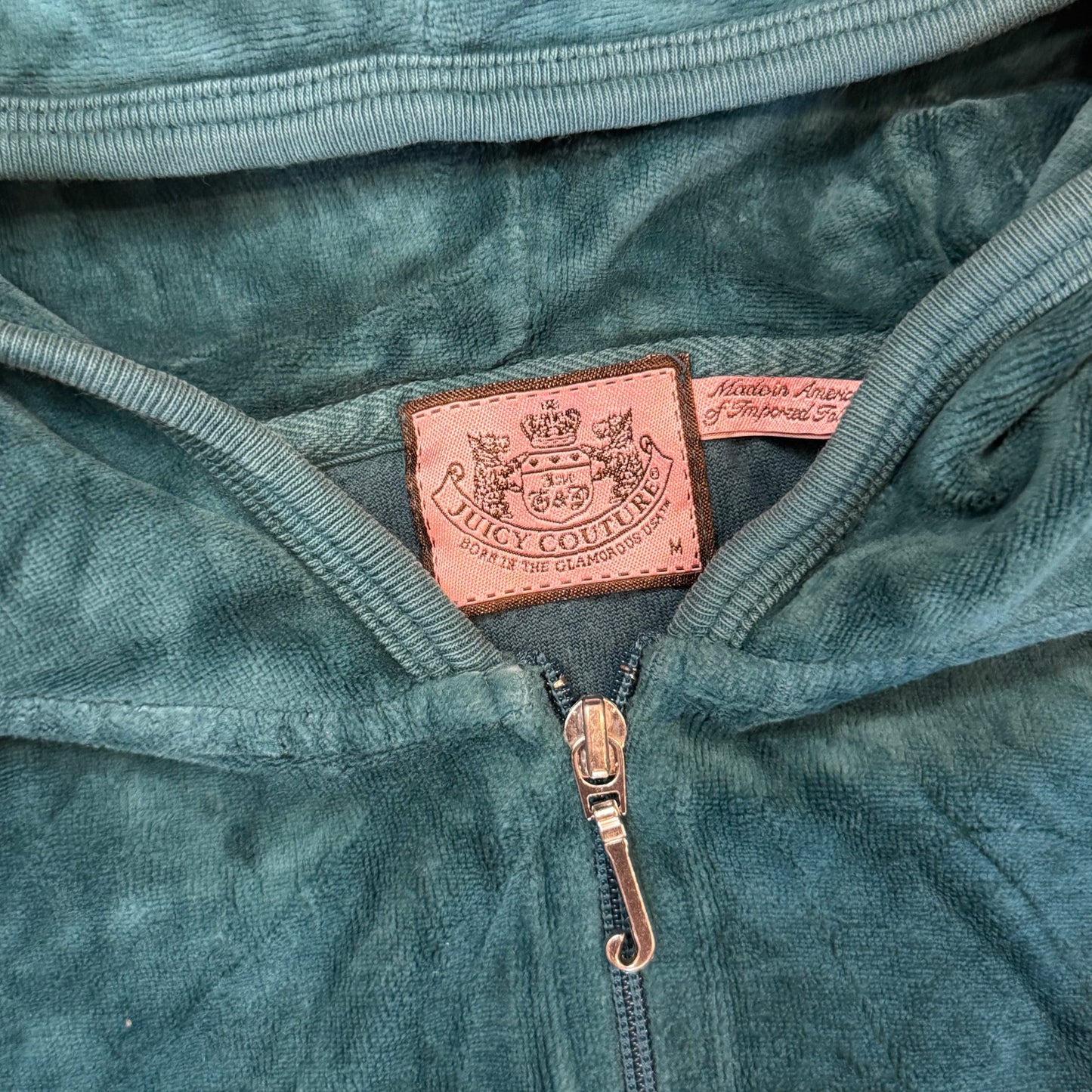 Juicy Couture Women's Teal Blue Velour Zip-Up Hoodie Pockets Loungewear Size M