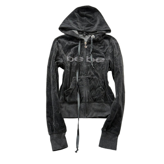 Bebe Sport Women's Dark Gray Velour Zip-Up Hoodie Pockets Rhinestone Logo Size S