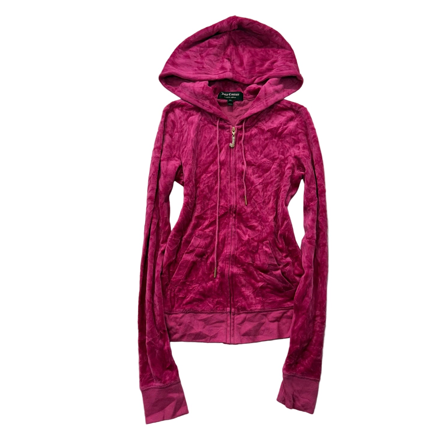 Juicy Couture Women Hot Pink Velour Zip Up Hoodie Split Kangaroo Pockets Size XS