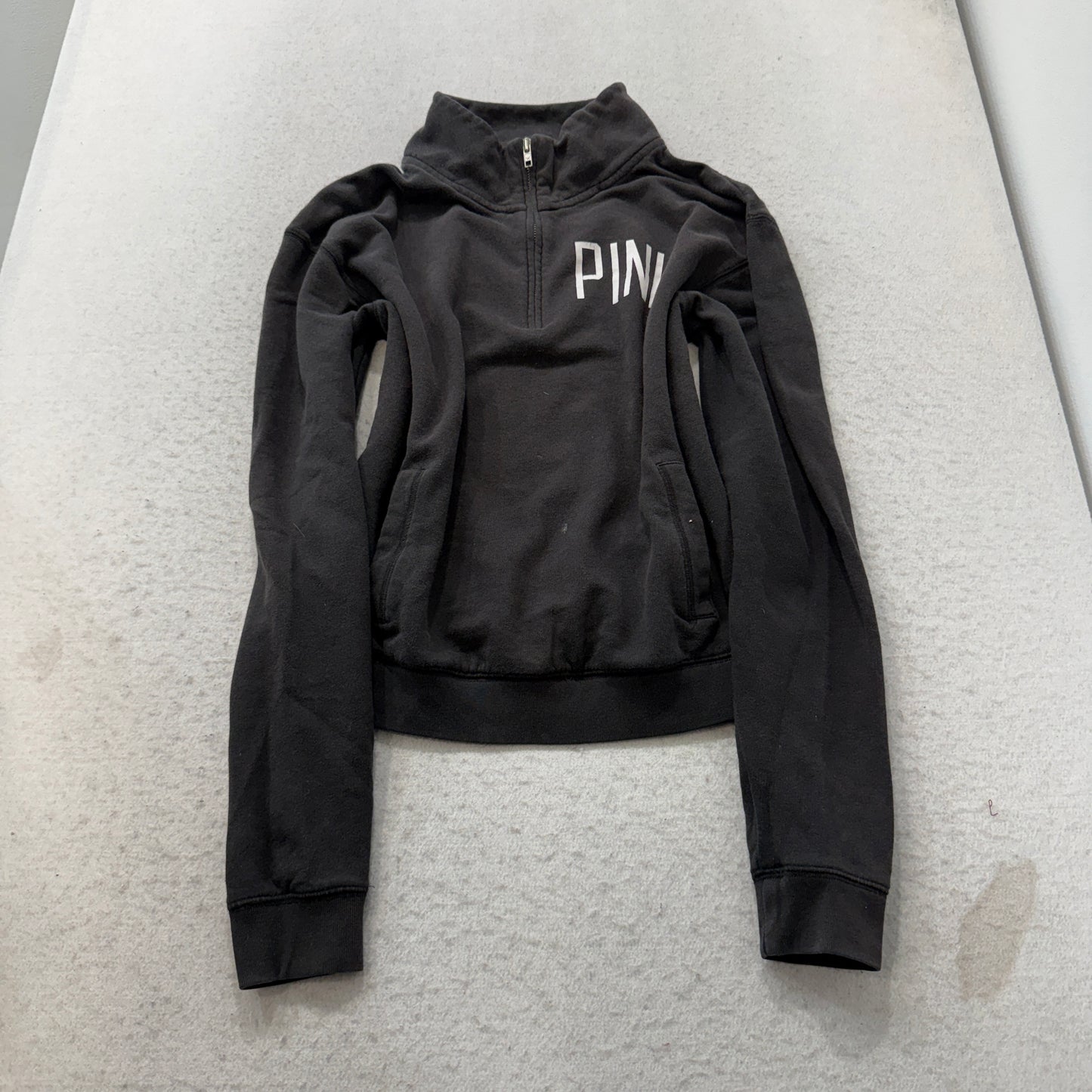 Victoria's Secret PINK Women's Black Fleece Quarter Zip Sweatshirt Pocket Size M