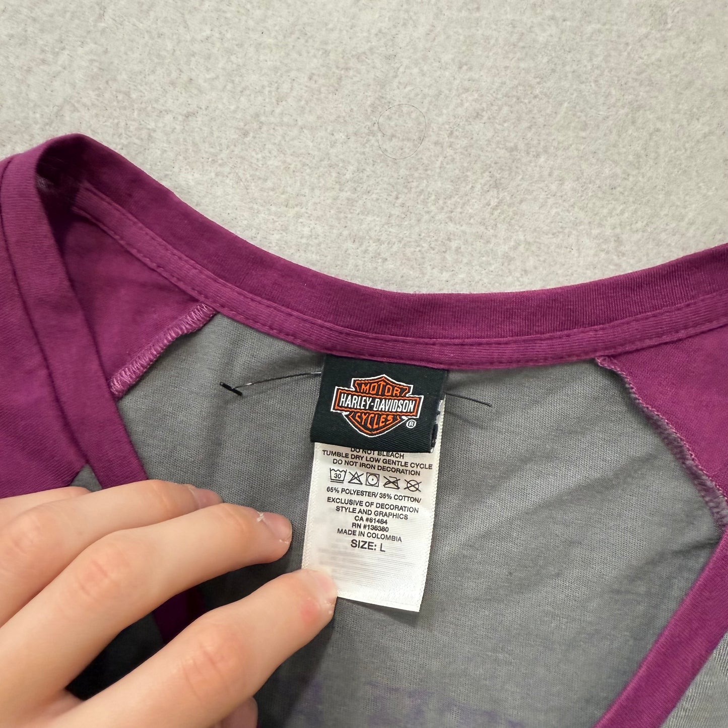Harley-Davidson Women's Gray Purple Winged Graphic T-Shirt Raglan Sleeves Size L
