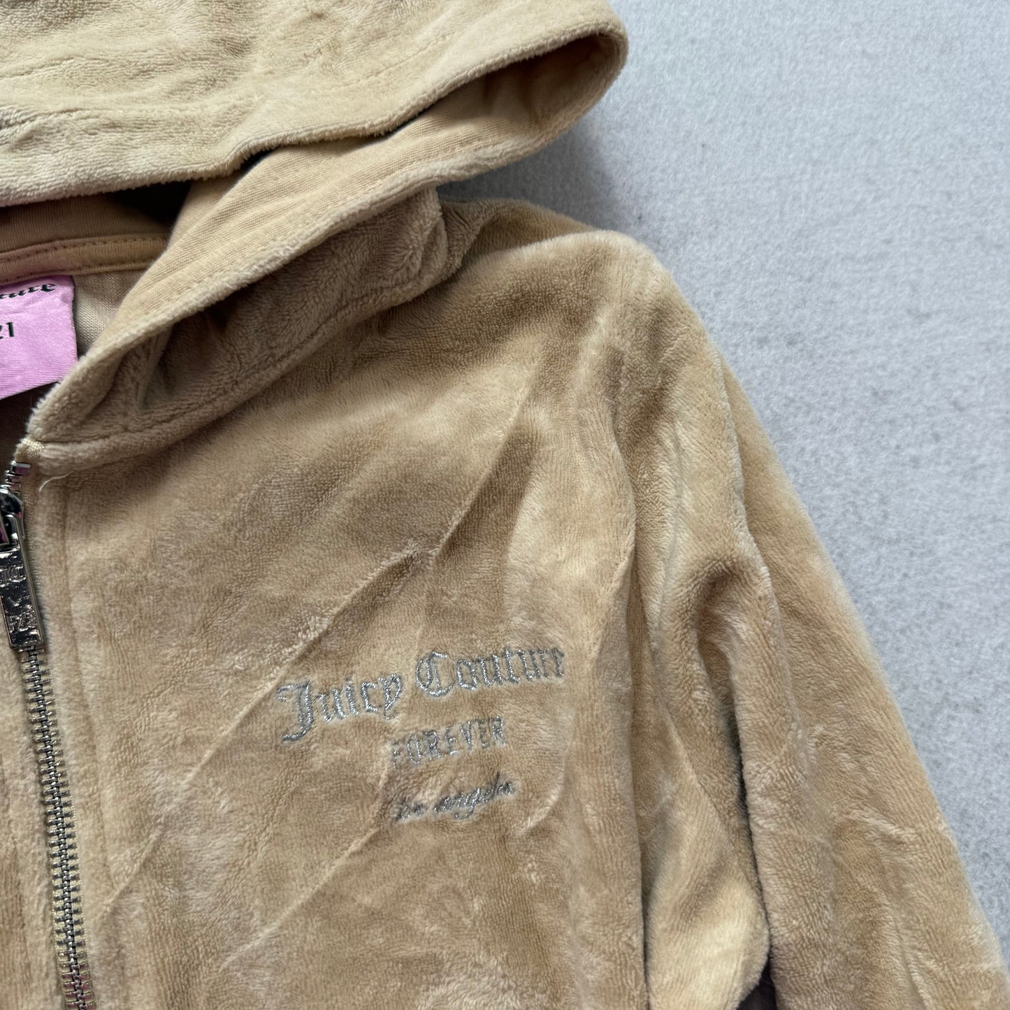 Juicy Couture Forever 21 Women Camel Velour Zip-Up Hoodie Rhinestone Logo Size M