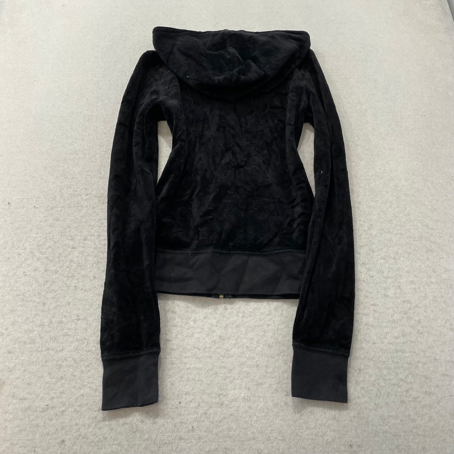 Juicy Couture Womens Black Velour Zip-Up Hoodie Pockets Embroidered Logo Size XS