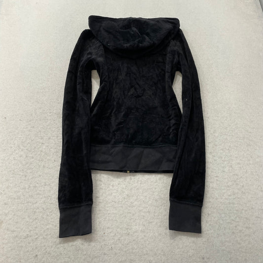 Juicy Couture Womens Black Velour Zip-Up Hoodie Pockets Embroidered Logo Size XS