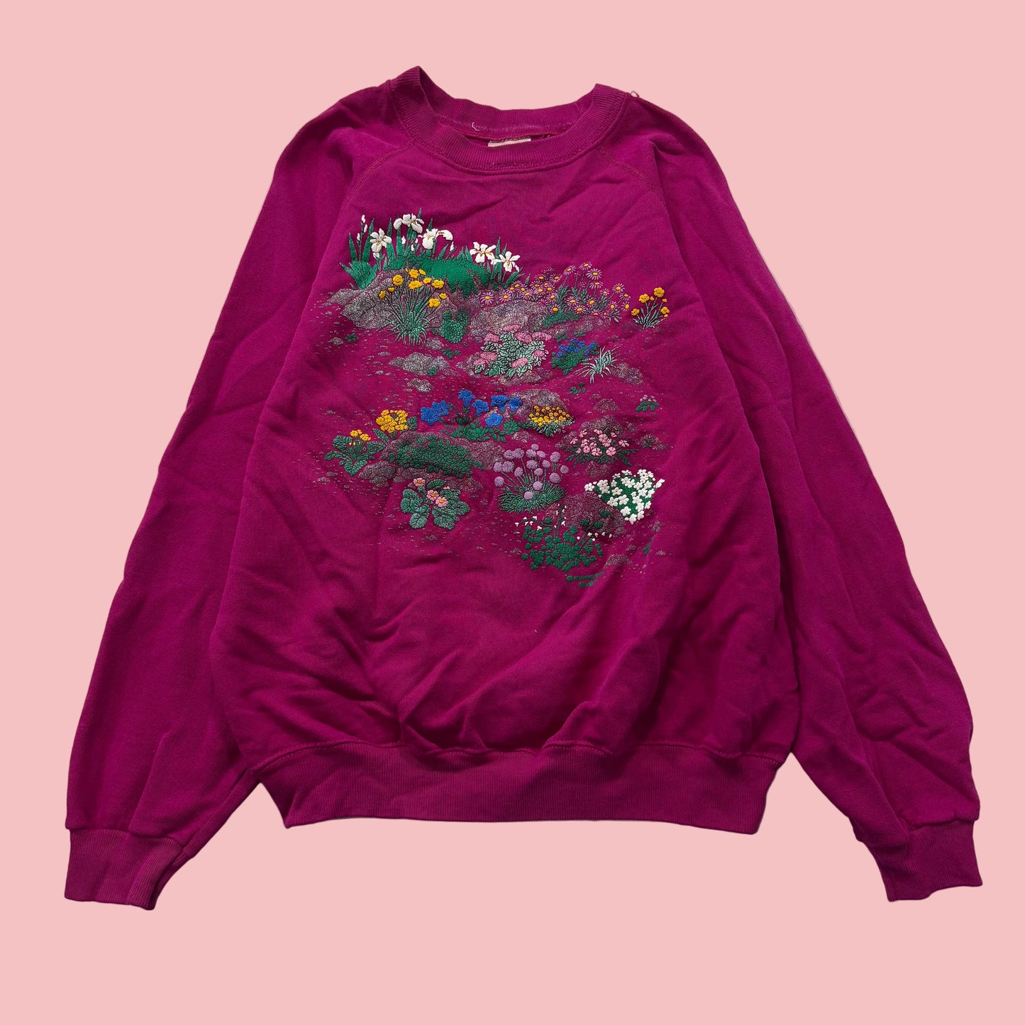 Vintage Hanes Womens Fuchsia Sweatshirt Morning Sun Whitton Floral Print Size XL