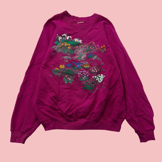 Vintage Hanes Womens Fuchsia Sweatshirt Morning Sun Whitton Floral Print Size XL
