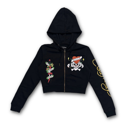 ED HARDY “LKS Skull” BLACK CROPPED ZIP UP HOODIE - Clean Curriculums 