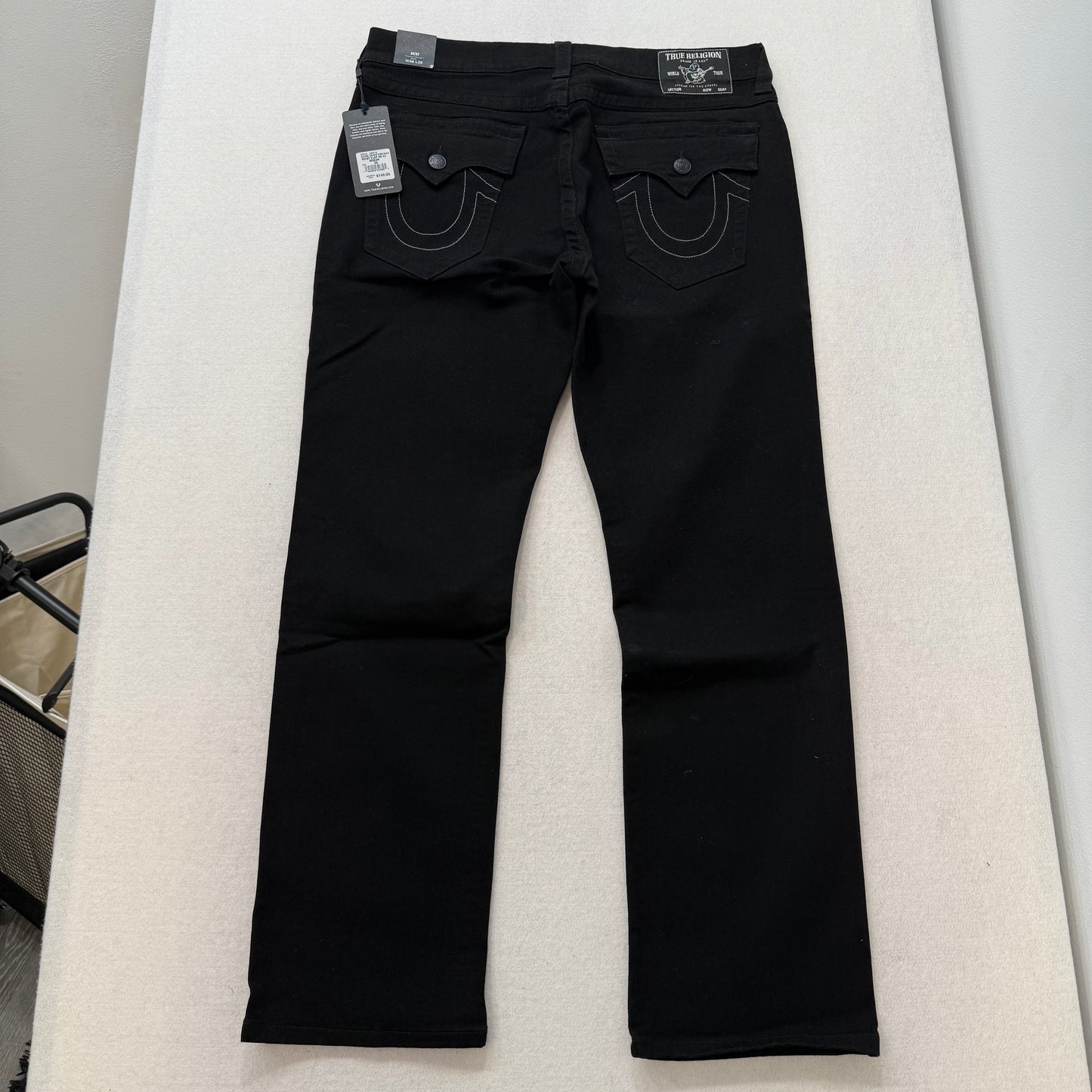 True Religion Ricky Black Denim Jeans Straight Leg Contrast Stitching Arcuate Flap Pockets Size W36 L32