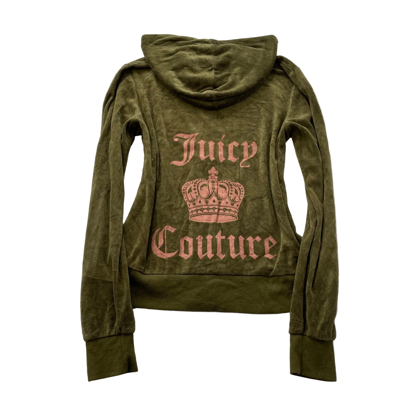 Vintage Juicy Couture Women's Olive Green Velour Zip-Up Hoodie Crown Logo Size L