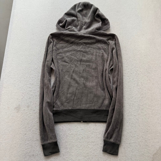 Vintage Juicy Couture Women's Charcoal Grey Velour Zip-Up Hoodie Pockets Size S