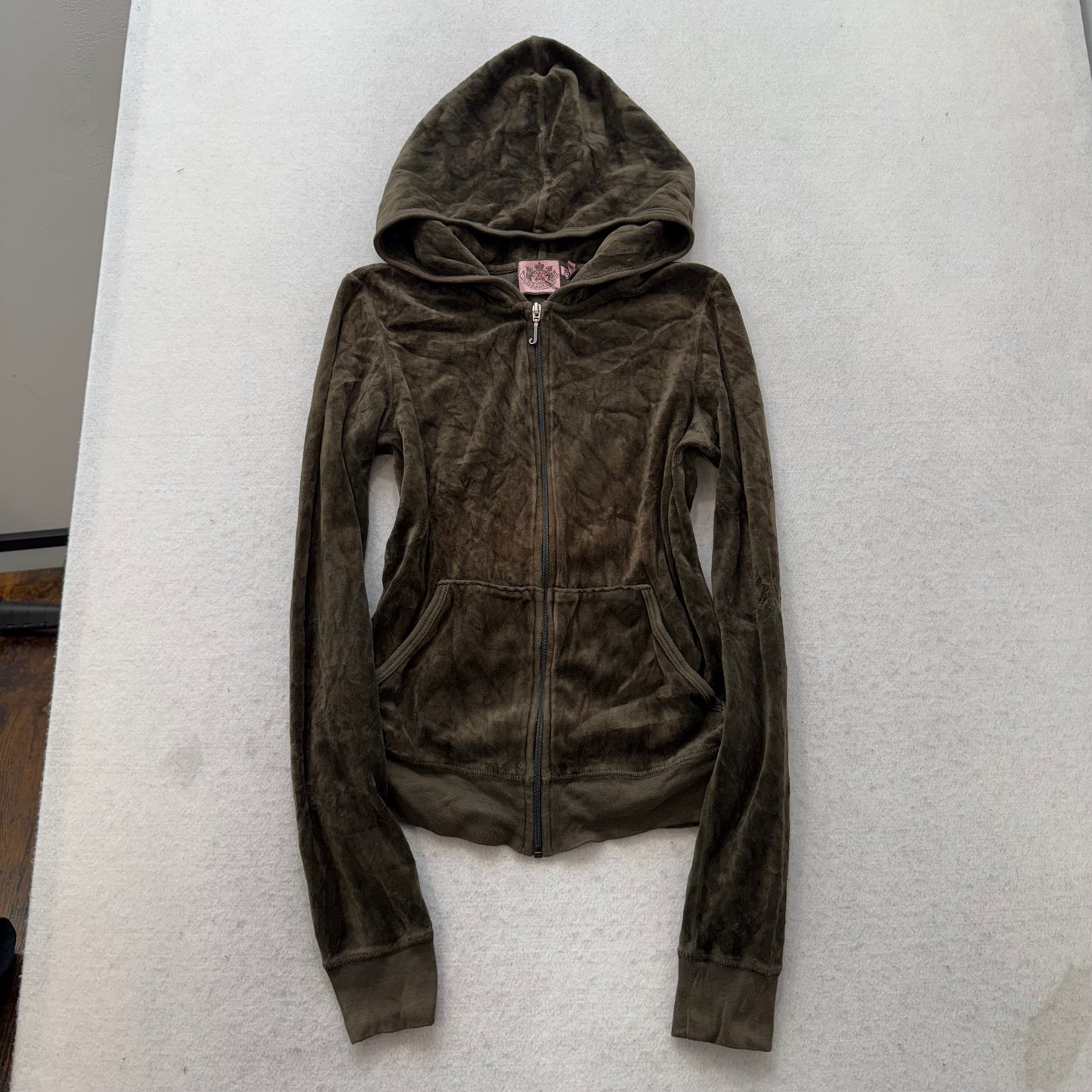 Juicy Couture “Scottie Dog” Women Olive Green Velour Full Zip Hoodie Logo Size M