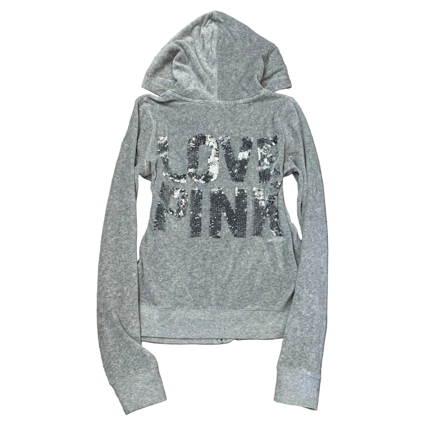 Victoria's Secret PINK Women's Gray Velour Zip-Up Hoodie Back Sequin Logo Size S