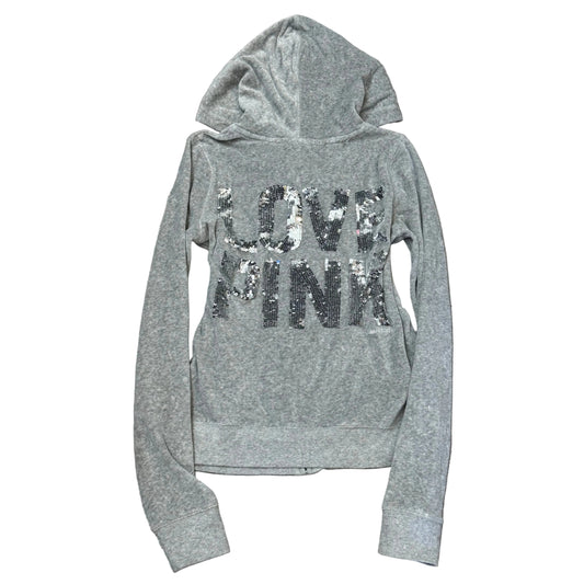 Victoria's Secret PINK Women's Gray Velour Zip-Up Hoodie Back Sequin Logo Size S