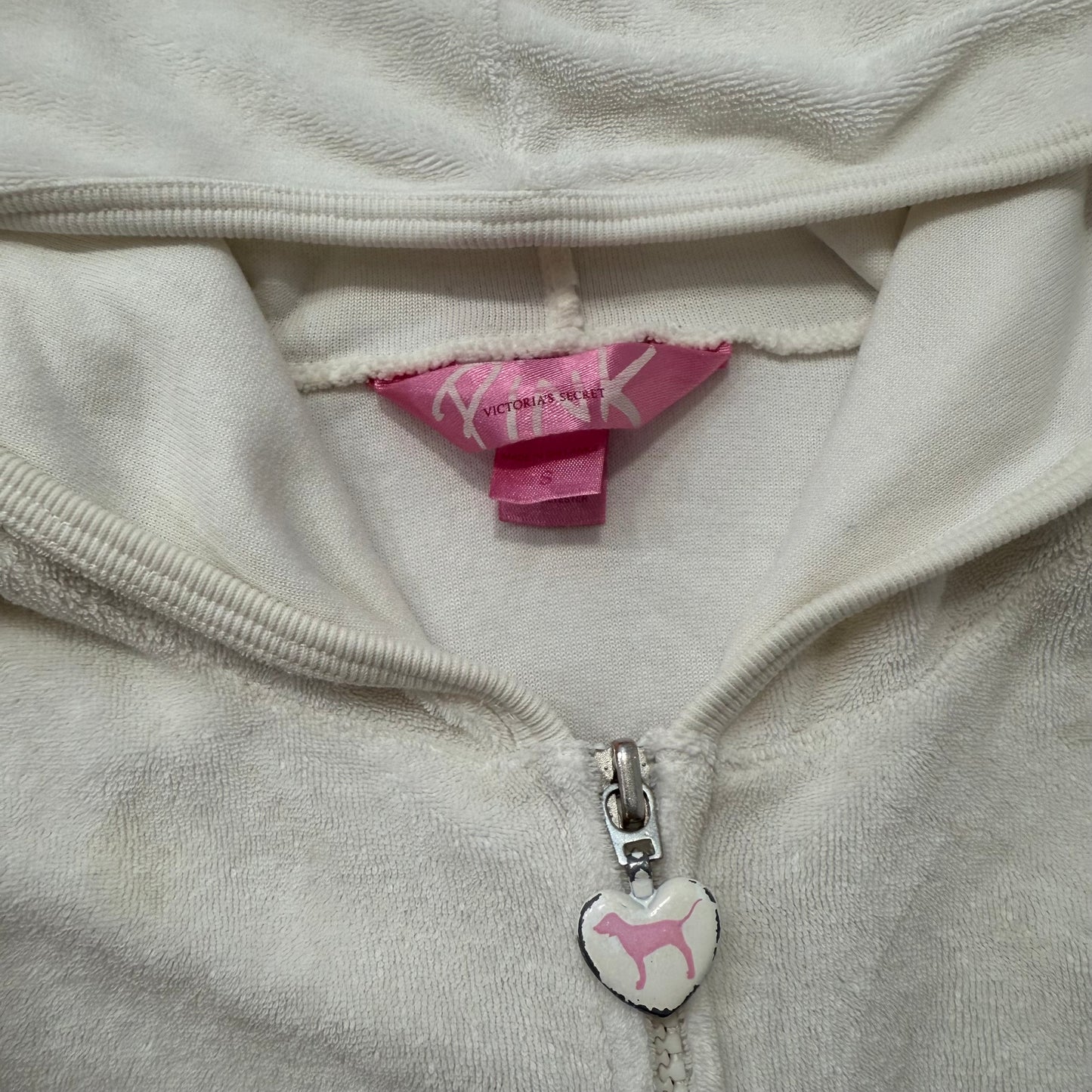 Vintage Victoria's Secret PINK Women Cream Terry Cloth Zip-Up Long Hoodie Size S