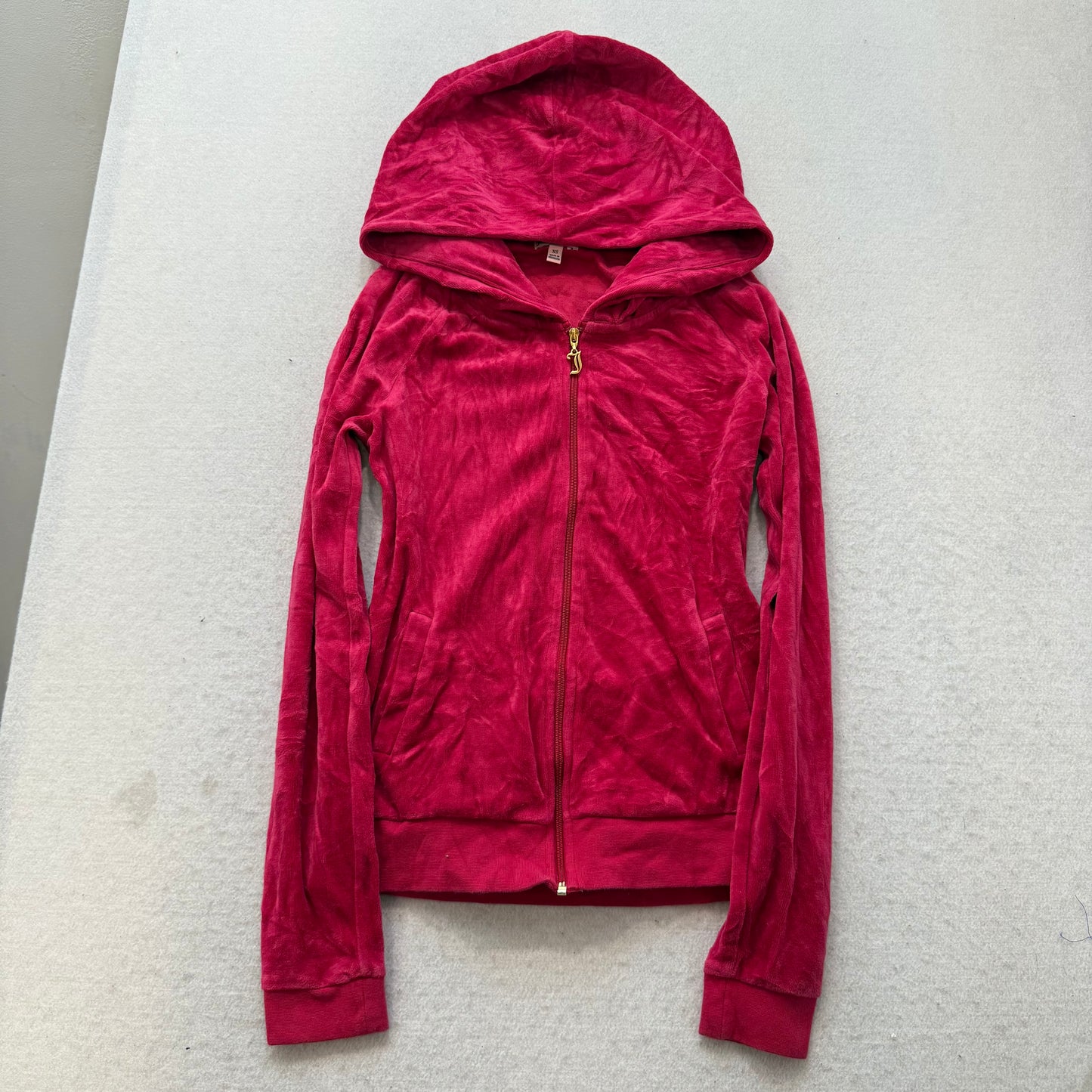 Juicy Couture Women's Red Velour Zip-Up Hoodie Rhinestones Graphic Logo Size XS