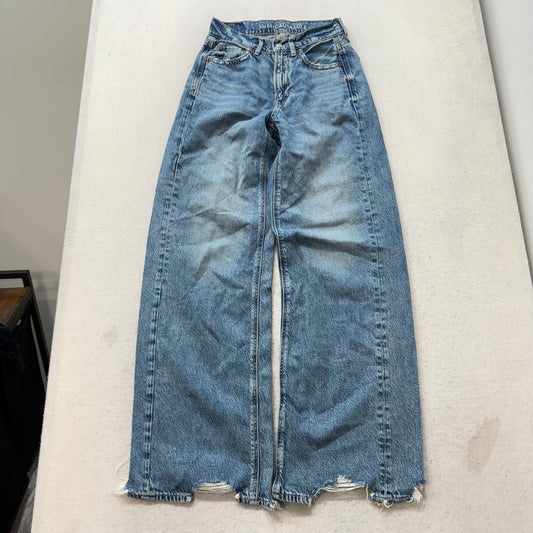 American Eagle Women's Blue Denim Straight Wide Leg Jeans Frayed Hem Y2K Size 26