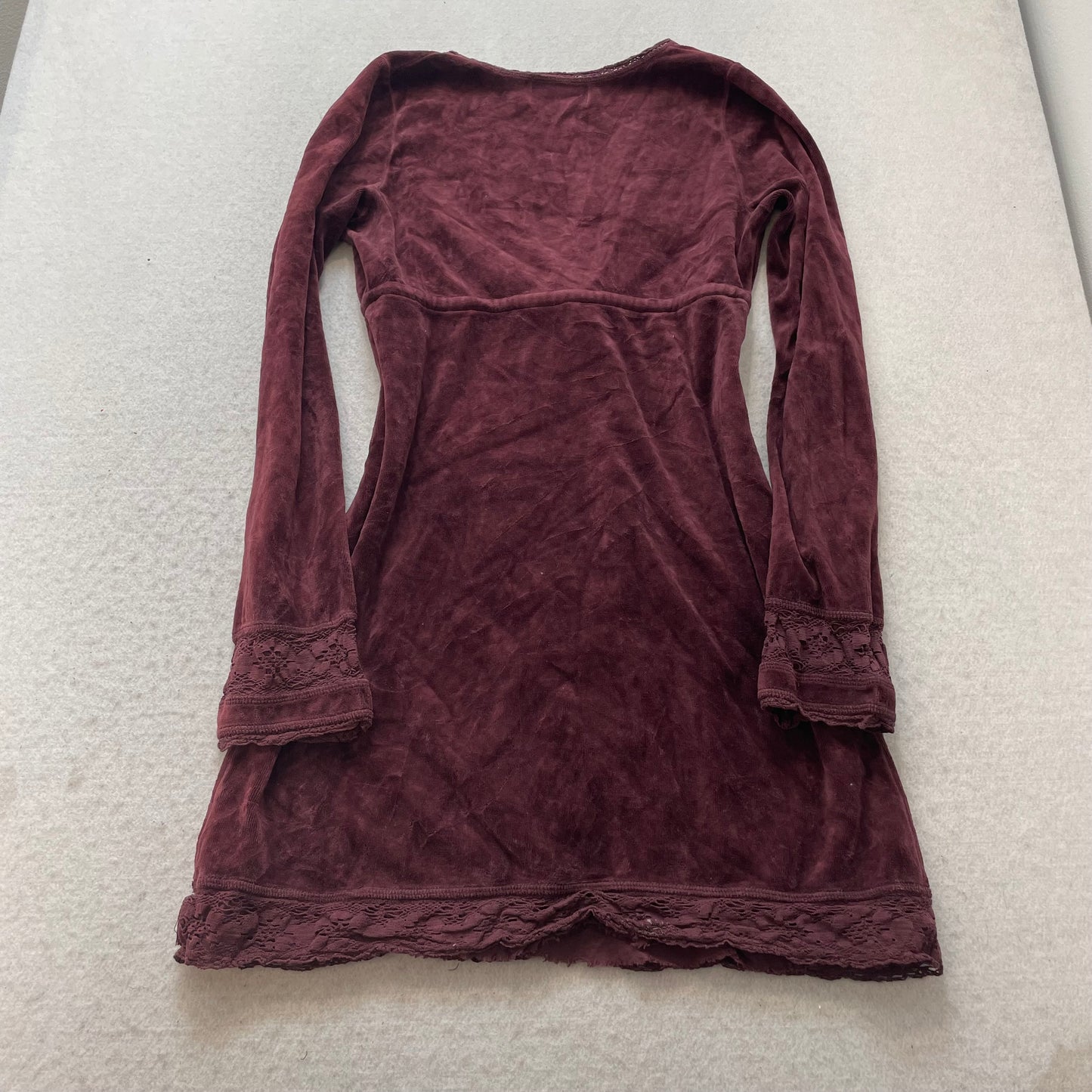 2003 Vintage Juicy Couture Women Burgundy Velour Midi Dress Lace Trim Y2k Size S