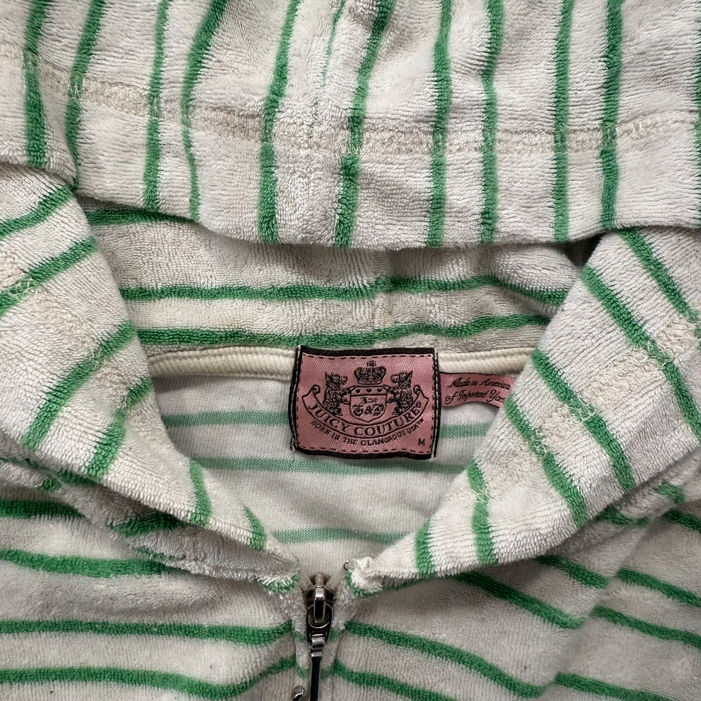 Juicy Couture Women's Cream Green Striped Terrycloth Zip Up Hoodies Logo Size M