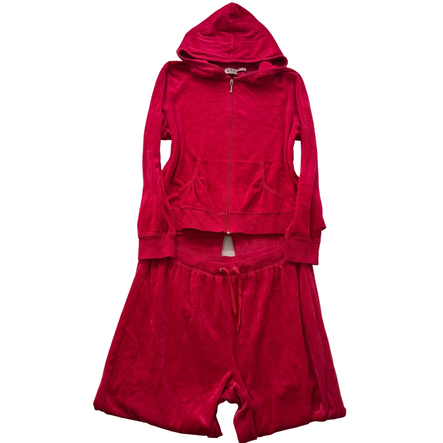Juicy Couture Women Red Velour Tracksuit Set Zip-Up Hoodie & Flared Pant Size XL