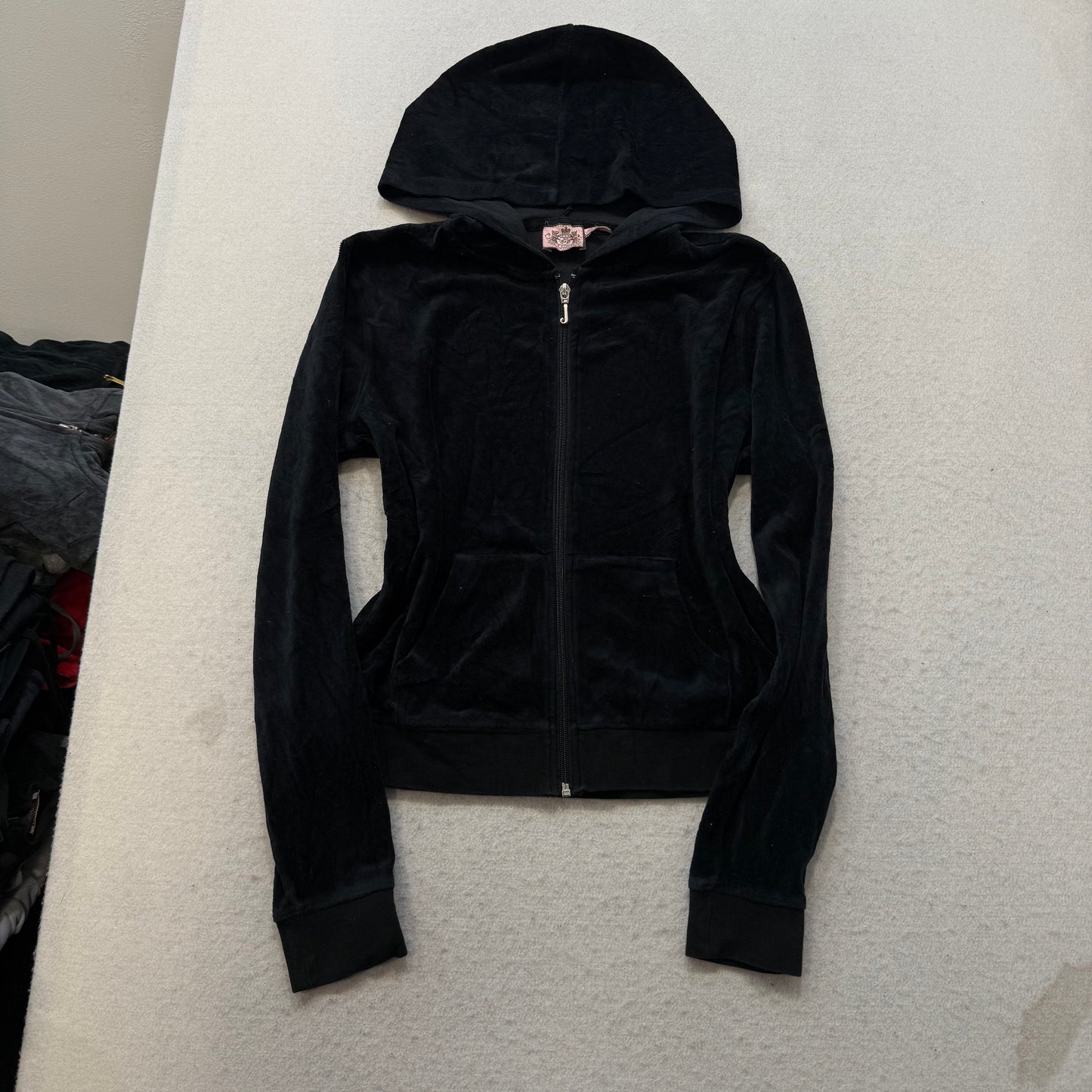Juicy Couture Women Black Velour Tracksuit Set Zip-Up Hoodie & Flare Pant Size M