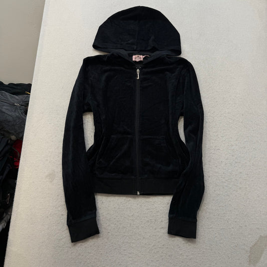 Juicy Couture Women Black Velour Tracksuit Set Zip-Up Hoodie & Flare Pant Size M