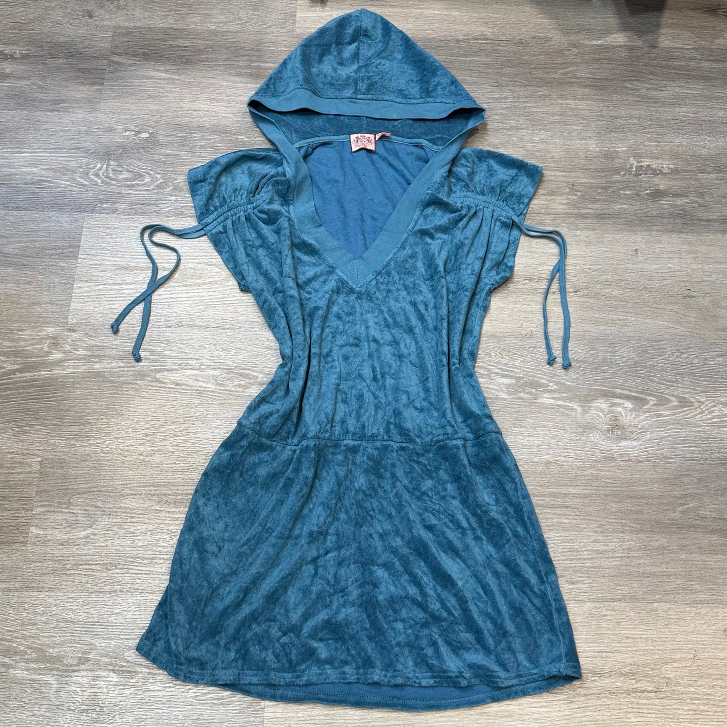 Juicy Couture Womens Teal Blue Terry Cloth Zip-Up Hoodie Dress Drawstring Size M