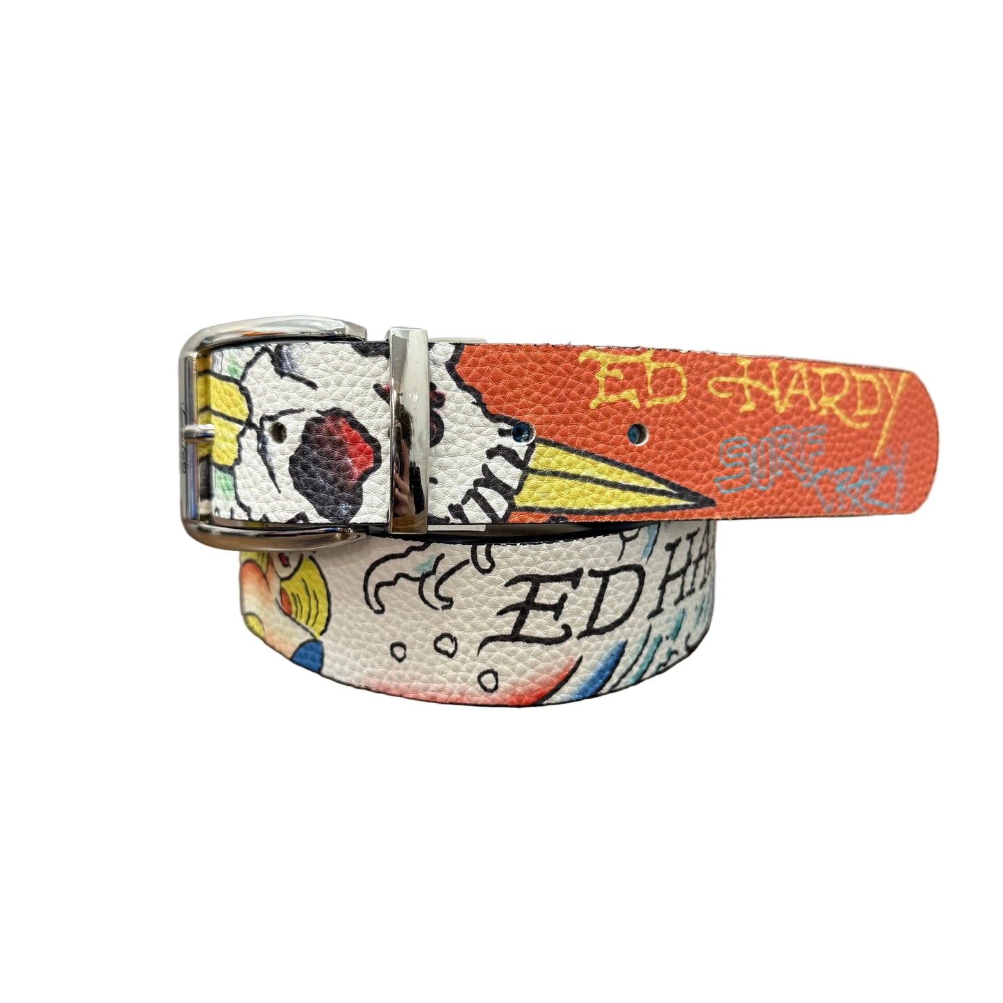 Ed Hardy Skull Unisex Black Tattoo Graphic Print Leather Reversible Belt Size 32